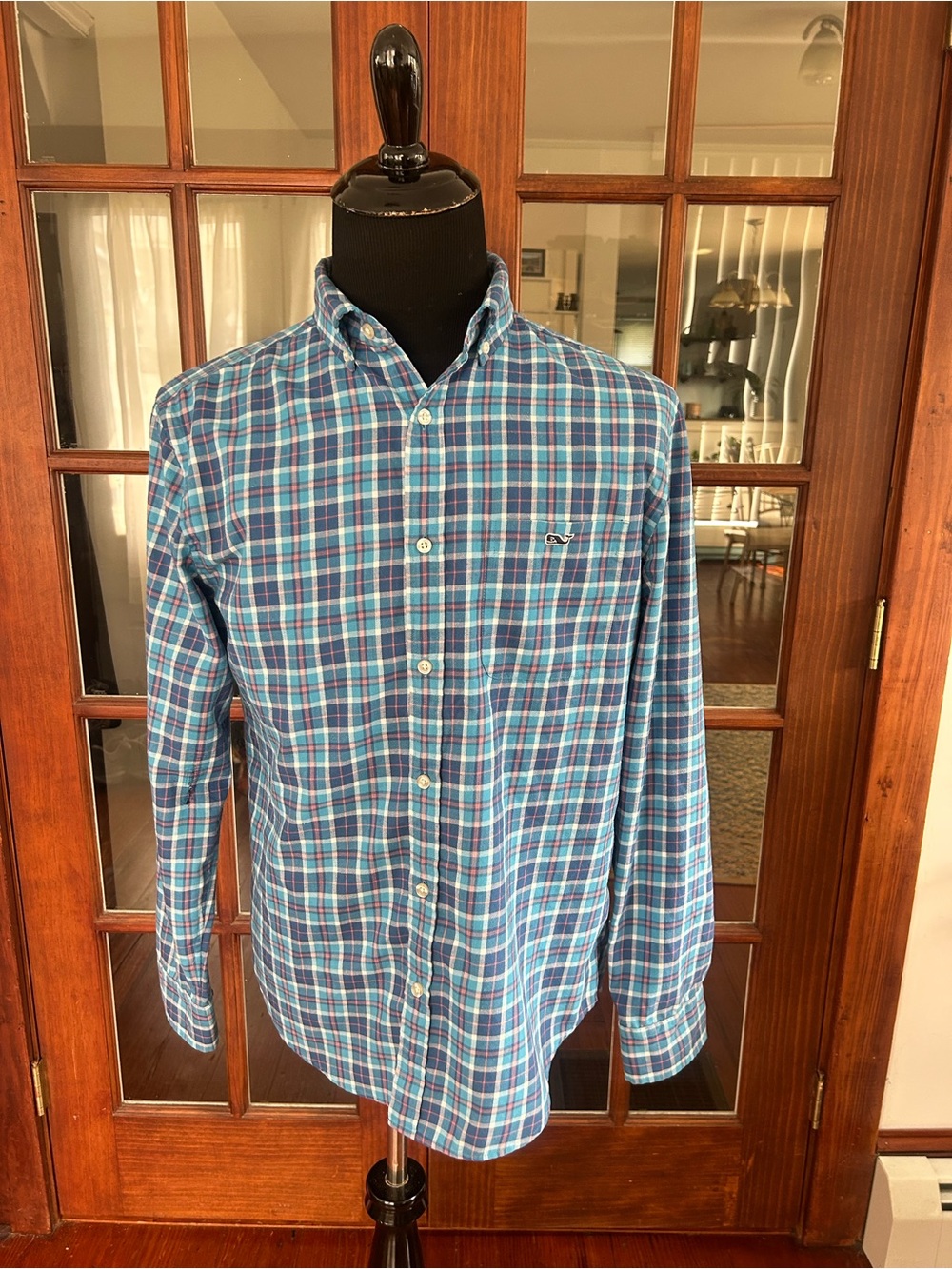 Vineyard Vines Shirt Mens Med Performance Classic Fit Tucker Blue Plaid Flannel